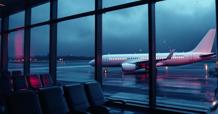 Illustration: travellers and aircraft at an airport, for the London Southend Airport page