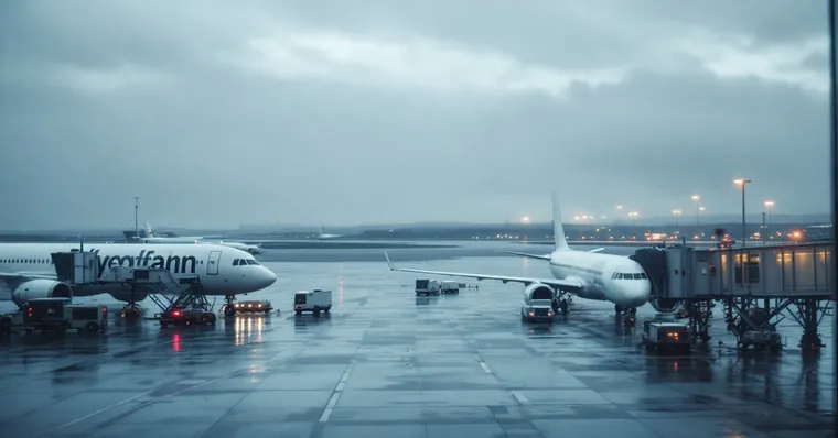 Illustration: travellers and aircraft at an airport, for the Stansted page
