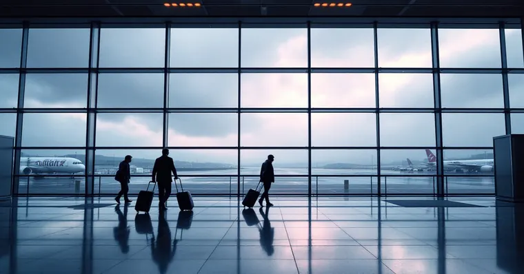Illustration: travellers and aircraft at an airport, for the Teesside International Airport page